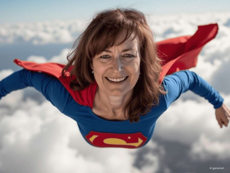 Marnie Röder im Superwoman-Kostüm fliegt über Wolken – Symbolbild für kreative Bildgenerierung mit Künstlicher Intelligenz