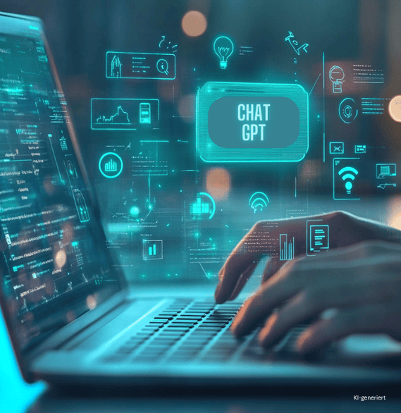 Hände tippen auf Laptop mit ChatGPT-Visualisierung – Symbolbild für KI-Einsteigerschulung und praxisnahe Anwendung im Büro