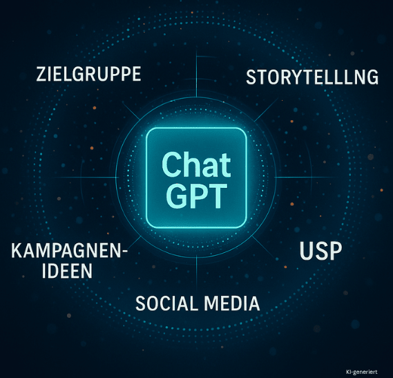 KI-Einsteigerschulung für Marketingprofis – mit ChatGPT kreativ arbeiten Visualisierung von ChatGPT als digitales Zentrum im Marketing – Begriffe wie Zielgruppe, Storytelling und Social Media kreisen darum