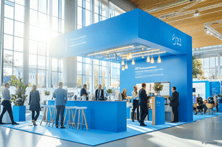 Beispiel für erfolgreiche Messeorganisation mit aufmerksamkeitsstarkem Markenauftritt Professionell organisierter Messestand mit Besuchern und klarer Markenpräsentation auf einer modernen Fachmesse.