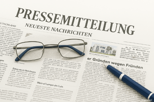 Pressemitteilungen individuell erstellt für Kleinunternehmen Zeitung mit dem Titel "Pressemitteilung", daneben eine Lesebrille und ein blauer Füllfederhalter auf einem weißen Hintergrund.