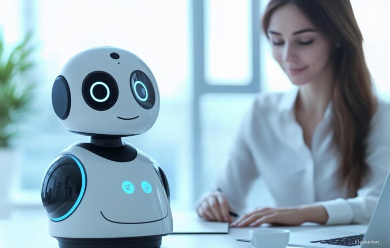 Frau bei der Arbeit mit niedlichem KI-Roboter – Symbolbild für Schulung zur Erstellung eigener GPTs im modernen Büro