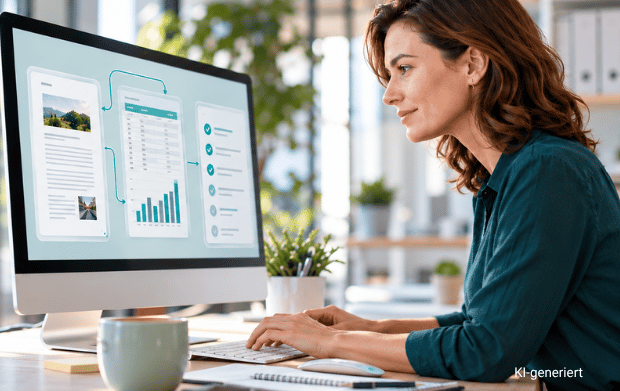 Visualisierung von ChatGPT als digitales Zentrum im Marketing – Begriffe wie Zielgruppe, Storytelling und Social Media kreisen darum