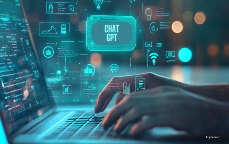 Hände auf Laptop-Tastatur mit ChatGPT-Symbol – Darstellung der Anwendung von Künstlicher Intelligenz im digitalen Arbeitsalltag