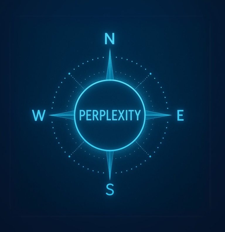 Leuchtende Kompassrose mit dem Begriff Perplexity – Symbolbild für Orientierung und effiziente Recherche mit KI im Workshop