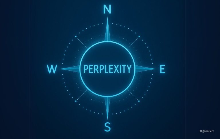 Leuchtende Kompassrose mit dem Begriff Perplexity – Symbolbild für Orientierung und effiziente Recherche mit KI im Workshop