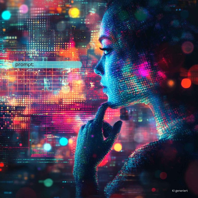 Künstliche Intelligenz als Frau dargestellt – Symbolbild für kreative Prompt-Erstellung und Mensch-Maschine-Interaktion