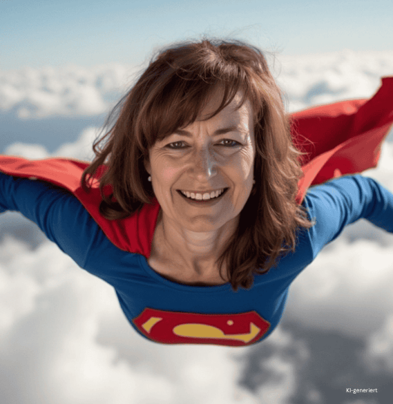 Marnie im Superheldinnen-Kostüm fliegt über Wolken – Symbolbild für kreative Power und Bildgenerierung mit Künstlicher Intelligenz.