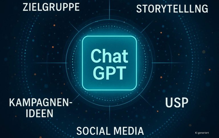 Visualisierung von ChatGPT als digitales Zentrum im Marketing – Begriffe wie Zielgruppe, Storytelling und Social Media kreisen darum