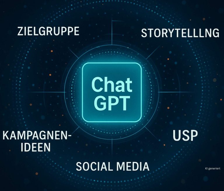 Visualisierung von ChatGPT als digitales Zentrum im Marketing – Begriffe wie Zielgruppe, Storytelling und Social Media kreisen darum