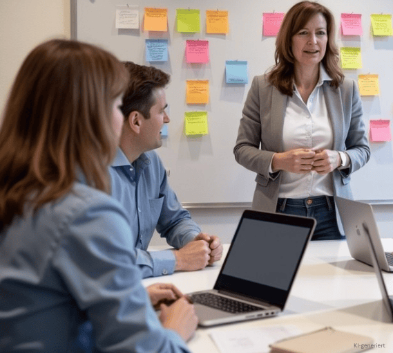Darstellung eines Marketing-Workshops mit Post-Its an der Wand zur Ideenfindung