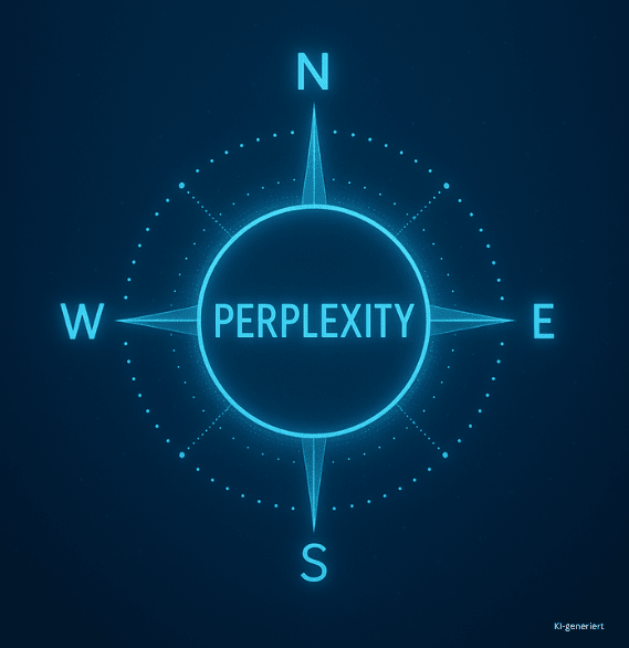 Perplexity-Workshop – mit KI gezielt recherchieren und Wissen navigieren Leuchtende digitale Kompassrose auf dunklem Hintergrund – symbolisiert Orientierung und Wissenstransfer im Perplexity-Workshop.