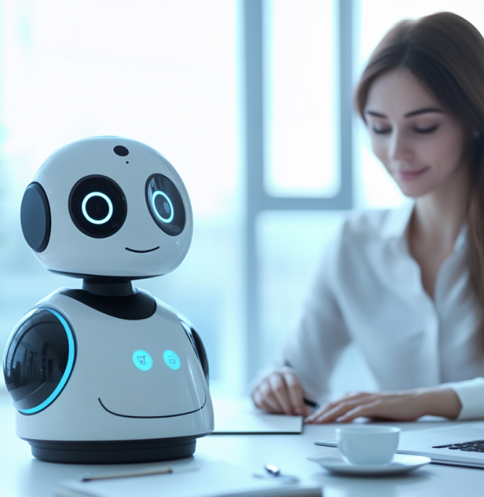 Kleiner Roboter, der neben einer Frau auf dem Schreibtisch steht